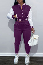 Púrpura moda casual patchwork cárdigan pantalones manga larga dos piezas