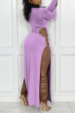 Purple Sexy Solid Hollowed Out Patchwork Metal Accessories Decoration Slit O Neck Straight Dresses