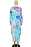 Hemelsblauw Casual print Tie Dye Patchwork Asymmetrische O-hals Onregelmatige jurk Jurken