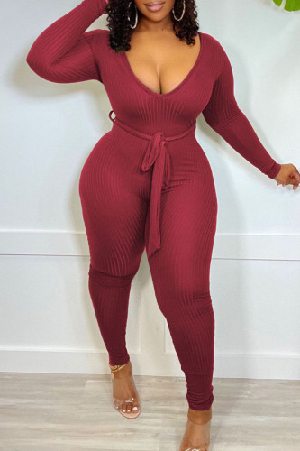 Burgundy Casual Solid Patchwork With Belt V Neck Skinny Jumpsuits