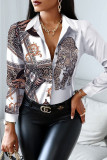 White Brown Casual Print Patchwork Buckle Turndown Collar Tops