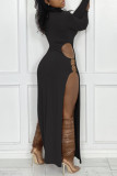 バーガンディ セクシー ソリッド 中空アウト パッチワーク メタル アクセサリー 装飾 スリット O ネック ストレート ドレス