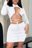 Witte mode sexy effen uitgeholde O-hals jurken met lange mouwen