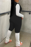 Zwarte Mode Casual Patchwork Vest Broek Rits Kraag Lange Mouwen Twee Stukken