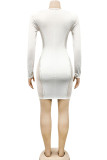 White Sexy Solid Patchwork Hot Drill V Neck One Step Skirt Dresses