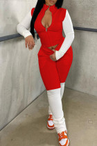 Pantaloni cardigan patchwork casual alla moda rossa con colletto con cerniera manica lunga due pezzi