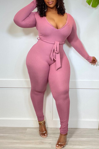 Pink Casual Solid Patchwork With Belt V Neck Skinny Jumpsuits