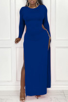 Blue Sexy Solid Hollowed Out Split Joint Metal Accessories Decoration Slit O Neck Straight Dresses