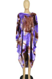 Небесно-голубое повседневное платье с принтом Tie Dye в стиле пэчворк Асимметричное платье с круглым вырезом и нерегулярным платьем