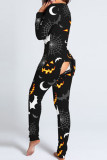 Tangerine Punk Print Patchwork V-hals Skinny Jumpsuits