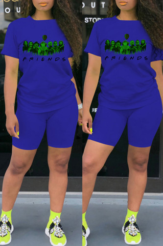Royal Blue Fashion Casual Print Basic O Neck Long Sleeve Two Pieces