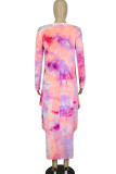 Roze casual print tie-dye patchwork asymmetrische O-hals onregelmatige jurkjurken