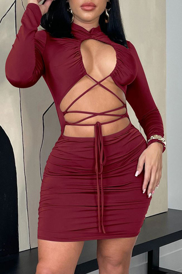 Vinröd Mode Sexiga Solid urholkade O-hals långärmade klänningar