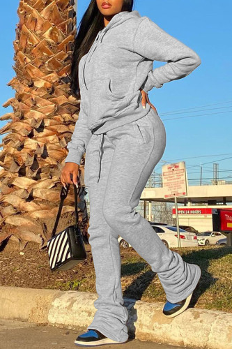 Light Gray Casual Solid Patchwork Fold Hooded Collar Long Sleeve Two Pieces