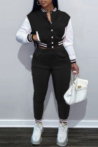 Zwart Mode Casual Patchwork Vest Broek Lange Mouw Twee Stukken