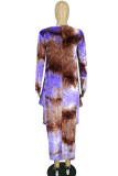 Hemelsblauw Casual print Tie Dye Patchwork Asymmetrische O-hals Onregelmatige jurk Jurken