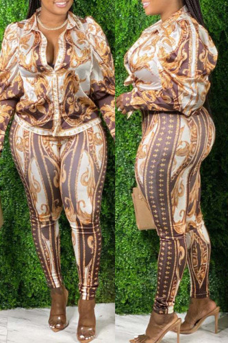 Brown Fashion Casual Print Basic Turndown Collar Long Sleeve Two Pieces