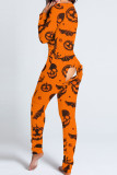 Orange Punk Print Patchwork V-hals Skinny Jumpsuits