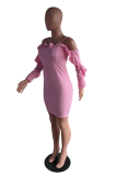 Pink Fashion Sexy Spaghetti Strap Long Sleeves One word collar Slim Dress skirt Patchwork ruffle Club Dr