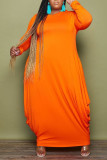 Tangerine Red Повседневное однотонное лоскутное платье с круглым вырезом Нерегулярное платье Платья больших размеров