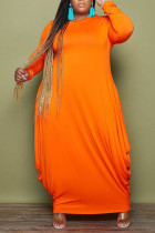 Tangerine Red Повседневное однотонное лоскутное платье с круглым вырезом Нерегулярное платье Платья больших размеров