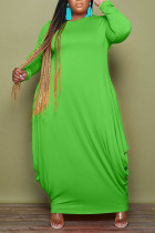 Vestido verde casual patchwork liso com decote em O irregular vestidos tamanho grande