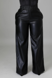 Pantalones de color sólido de pierna ancha de pierna ancha recta de patchwork sólido casual negro