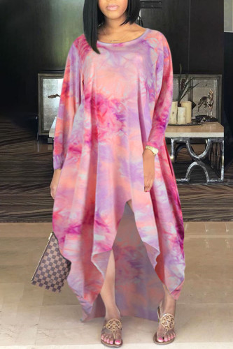 Vestido rosa casual estampado tie dye patchwork assimétrico com decote em O vestido irregular