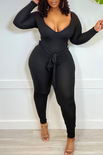 Black Casual Solid Patchwork With Belt V Neck Skinny Jumpsuits