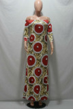 Red Fashion Casual Plus Size Print Basic Off the Shoulder Long Dress