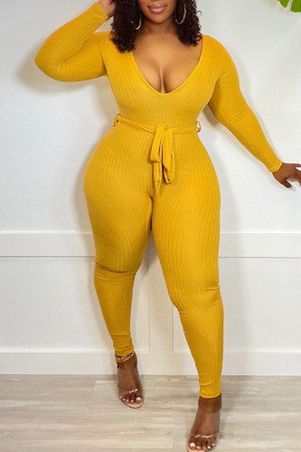 Yellow Casual Solid Patchwork With Belt V Neck Skinny Jumpsuits