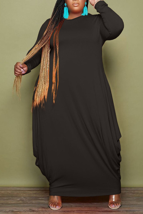 Vestido irregular con cuello en O de patchwork sólido informal negro Vestidos de talla grande
