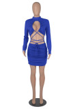 Blue Fashion Sexy Solid Hollowed Out O Neck Long Sleeve Dresses