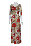 Robe longue décontractée grande taille imprimée basique à épaules dénudées rouge
