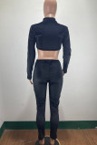 Black Fashion Sexy Patchwork Hollowed Out See-through Zipper Collar Long Sleeve Jumpsuits (Without Belt Bag)