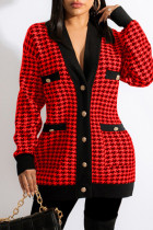 Красный модный повседневный кардиган с принтом в стиле пэчворк, верхняя одежда с v-образным вырезом
