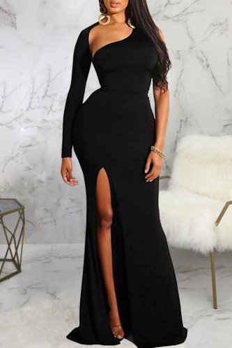 Black Sexy Solid Split Joint Backless Asymmetrical Halter One Step Skirt Dresses