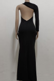 ブラック セクシー ソリッド パッチワーク バックレス 非対称 ホルター ワン ステップ スカート ドレス