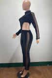Black Fashion Sexy Patchwork Hollowed Out See-through Zipper Collar Long Sleeve Jumpsuits (Without Belt Bag)
