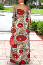 Красное модное повседневное длинное платье больших размеров с принтом и открытыми плечами