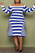 Azul casual elegante estampa listrada patchwork ombro a ombro linha A vestidos plus size