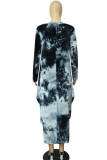 Himmelsblå Casual Print Tie Dye Patchwork Asymmetrisk O-hals oregelbunden klänning klänningar