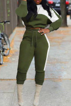 Армейский Зеленый Мода Повседневная Пэчворк Базовый О-Образным Вырезом С Длинным Рукавом Из Двух Частей