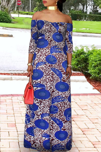 ブルーファッションカジュアルプラスサイズプリントベーシックオフショルダーロングドレス