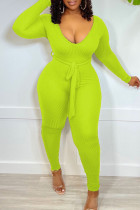 Fluoreszierender grüner, lässiger, solider Patchwork-Jumpsuit mit Gürtel und V-Ausschnitt