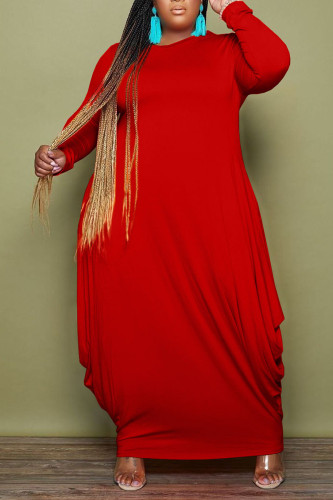 Красное повседневное однотонное лоскутное платье с круглым вырезом асимметричного кроя Платья больших размеров