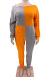 Orange-grauer, lässiger, einfarbiger Overall mit Patchwork-Tasche und schrägem Kragen in Übergröße