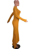 Gelbe lässige solide Patchwork-Falte asymmetrische halbe Rollkragen-Trompeten-Meerjungfrau-Kleider