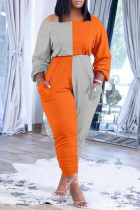 Оранжево-серый повседневный однотонный лоскутный комбинезон с косым воротником и карманами больших размеров
