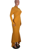 Желтые повседневные однотонные лоскутные складки асимметричные платья-русалка с воротником до половины и раструбом
